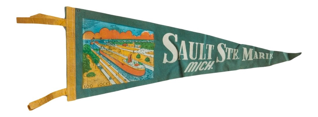 Vintage Sault Ste Marie Michigan Felt Flag: :: Felt Banner Pennant for Sault Ste Marie MI featuring large boat on the water, SOO Locks. Age circa 1950's vintage. Condition: Alterations: Original Condition Unaltered Imperfections: Some