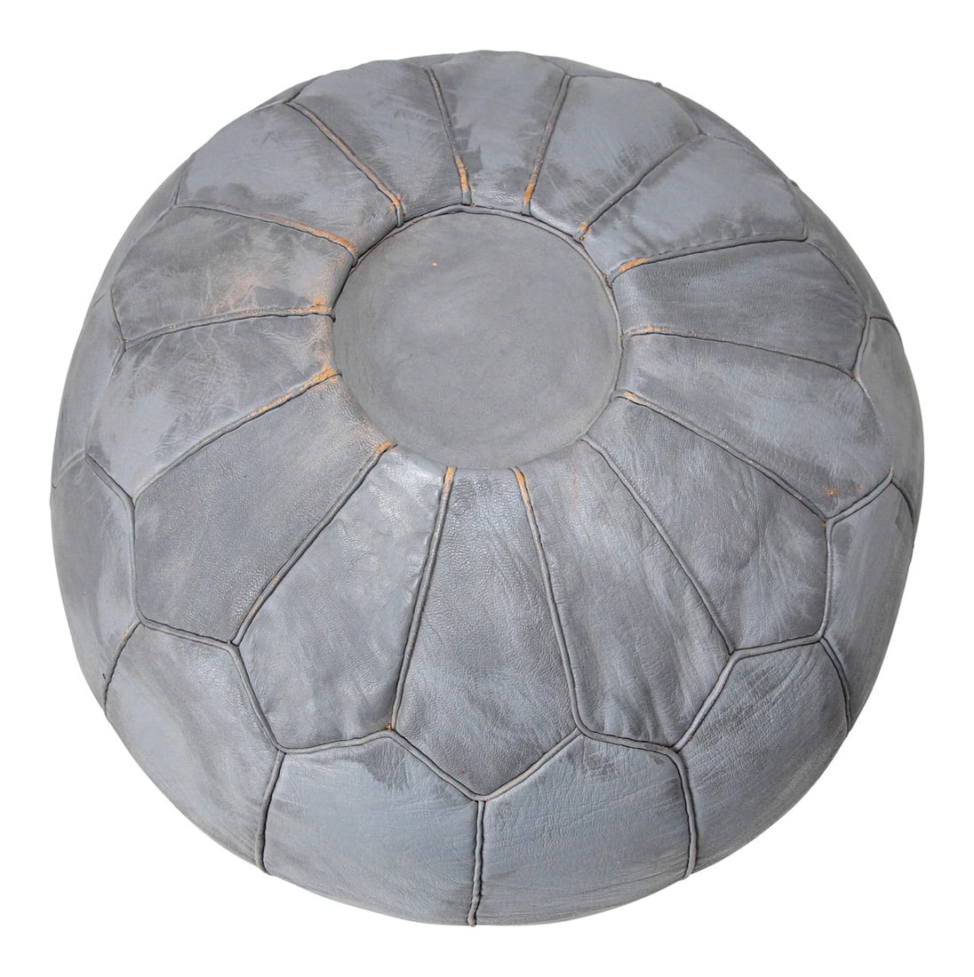 Vintage Moroccan Fez Round Hand-Tooled Leather Pouf: Vintage Moroccan grey leather round pouf hand tooled in Fez Morocco. Foot stool, ottoman handcrafted by Moroccan artisans. Size is 19 in diameter x 12.5 in height. Vintage Bohemian style, circa