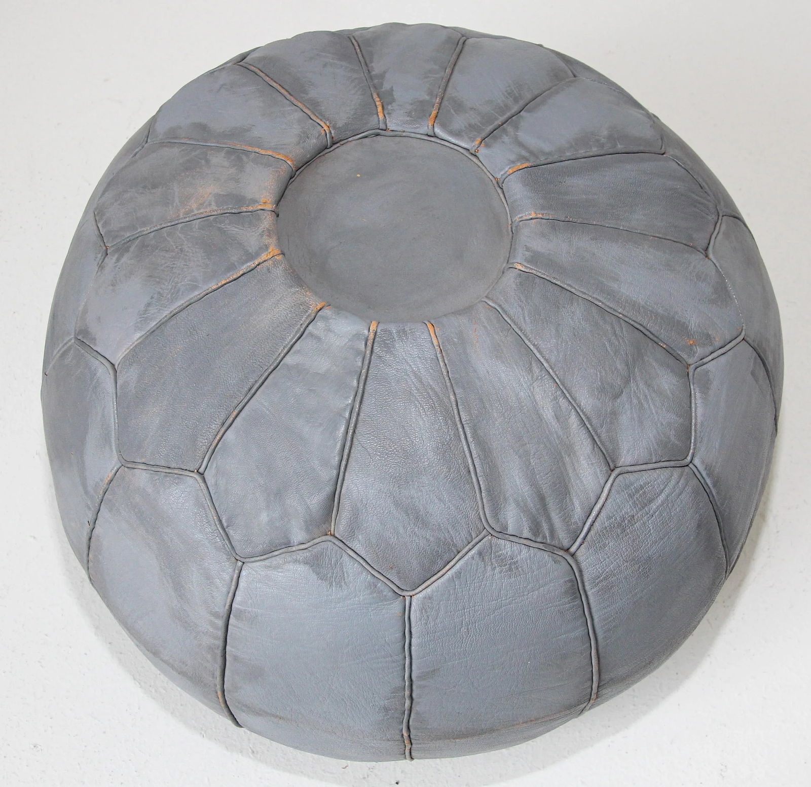 Vintage Moroccan Fez Round Hand-Tooled Leather Pouf - 7