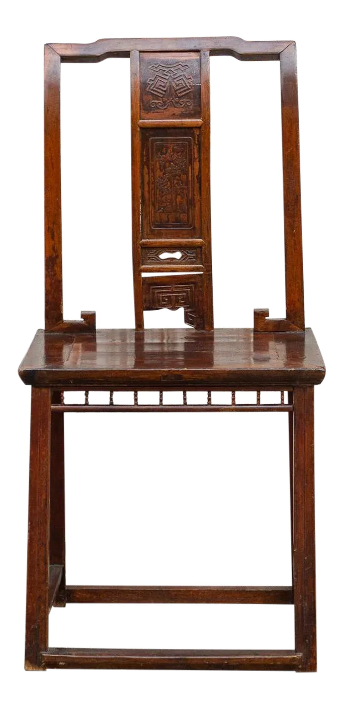 19th Century Chinese Emperor's Chair: Elegant antique Chinese accent chair that is constructed in a very traditional Chinese craftsmanship and it has a carved splat that adorns the back. It features a wide seat and stretcher base. This