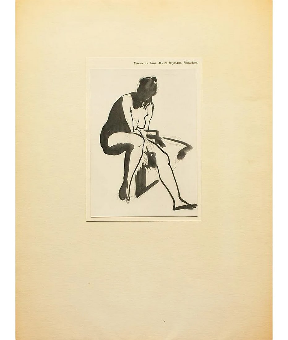 1949 After Edouard Manet "Bather" Small Black & White Parisian Print: A rare small black and white print of drawing "Bather" by Edouard Manet. Comes from a First Limited Edition art folio published by Edition du Chene in Paris, France in 1949. Hand tipped-in on a board