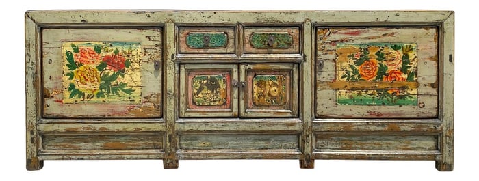 Chinese Distressed Light Green Celadon Graphic Low Tv Console Cabinet