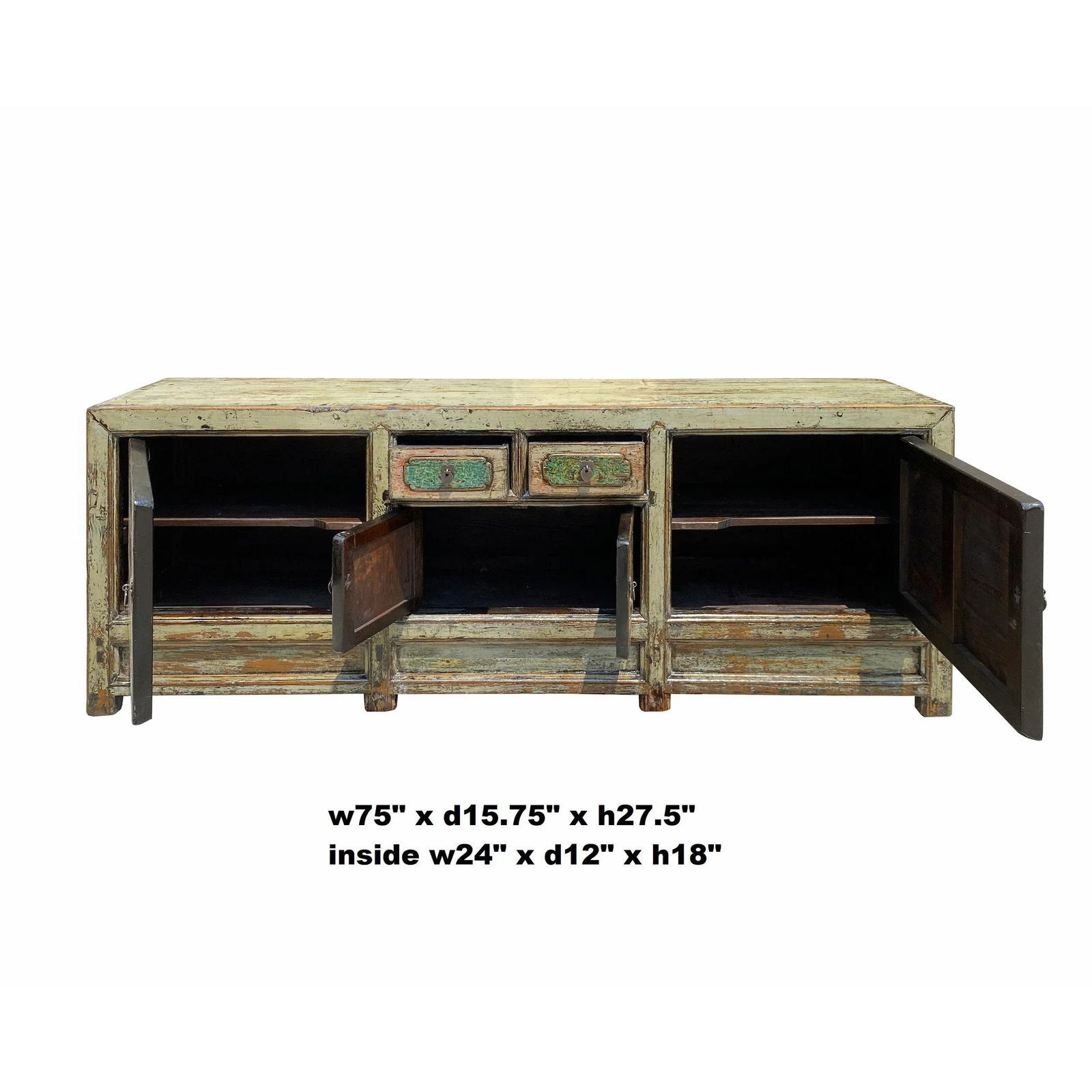 Chinese Distressed Light Green Celadon Graphic Low Tv Console Cabinet - 2