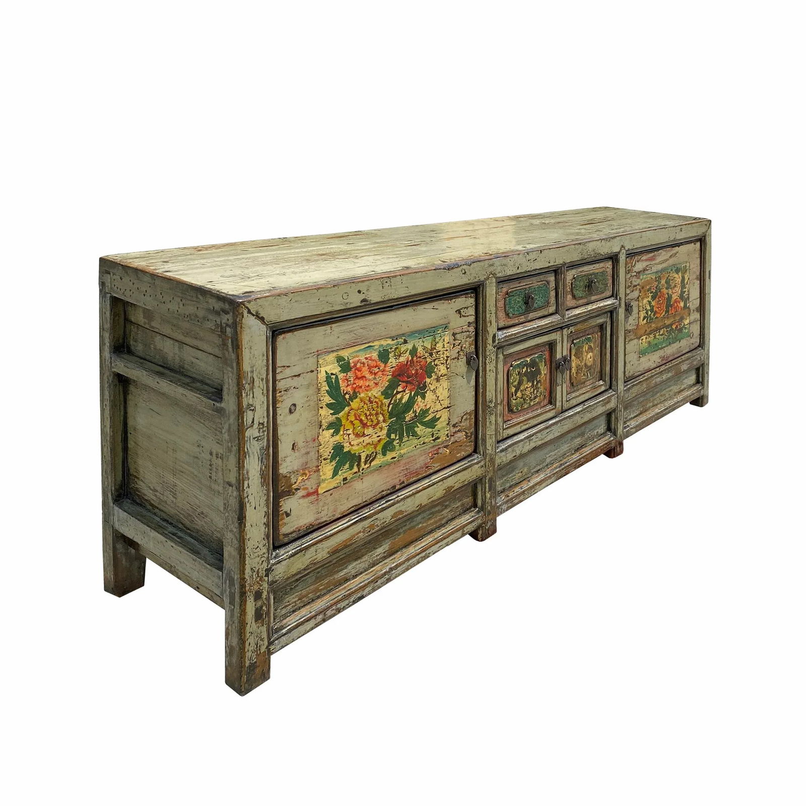 Chinese Distressed Light Green Celadon Graphic Low Tv Console Cabinet - 4