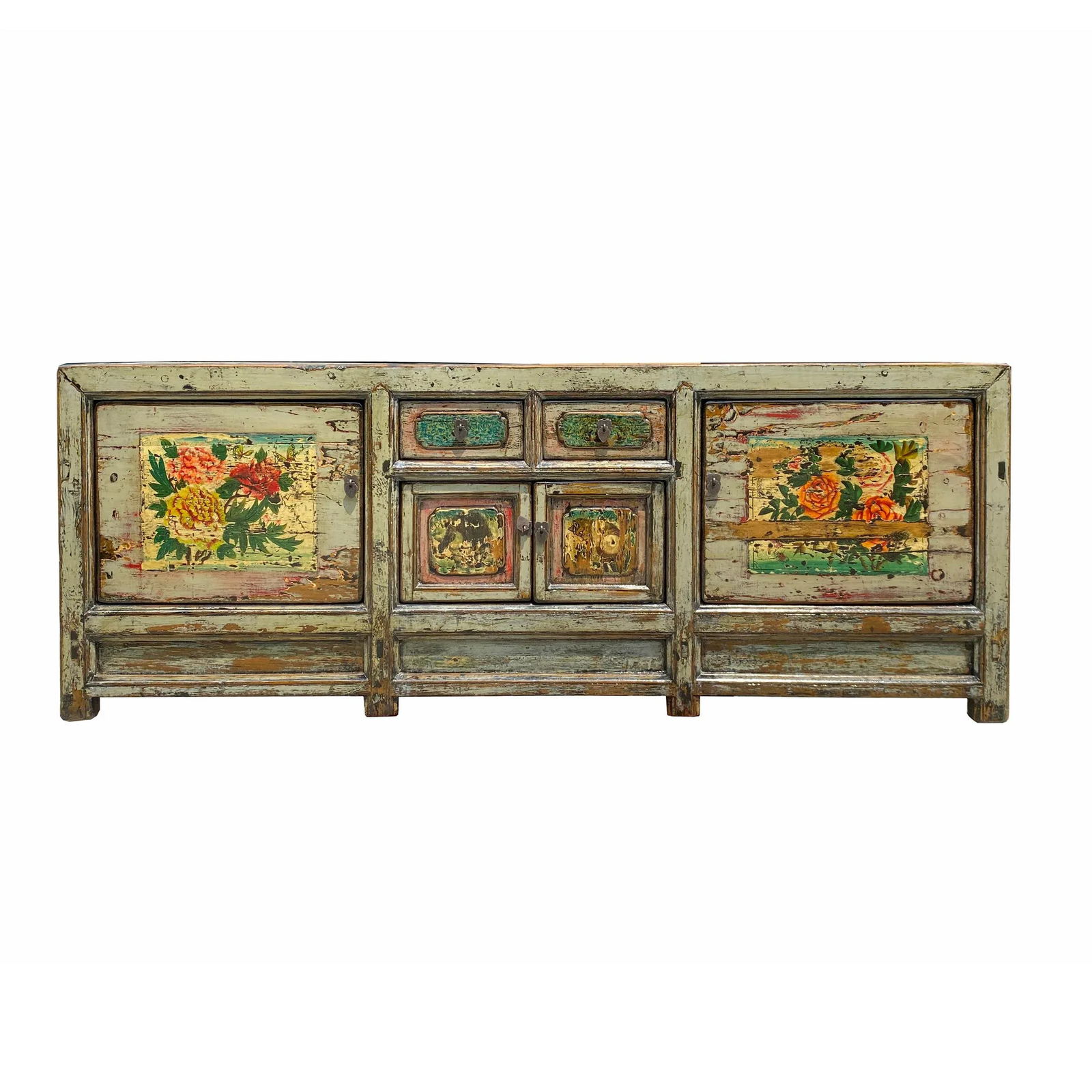 Chinese Distressed Light Green Celadon Graphic Low Tv Console Cabinet - 6