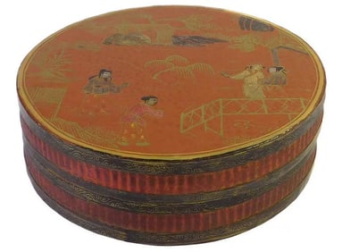 Chinese Brown Lacquer Painted Round Box