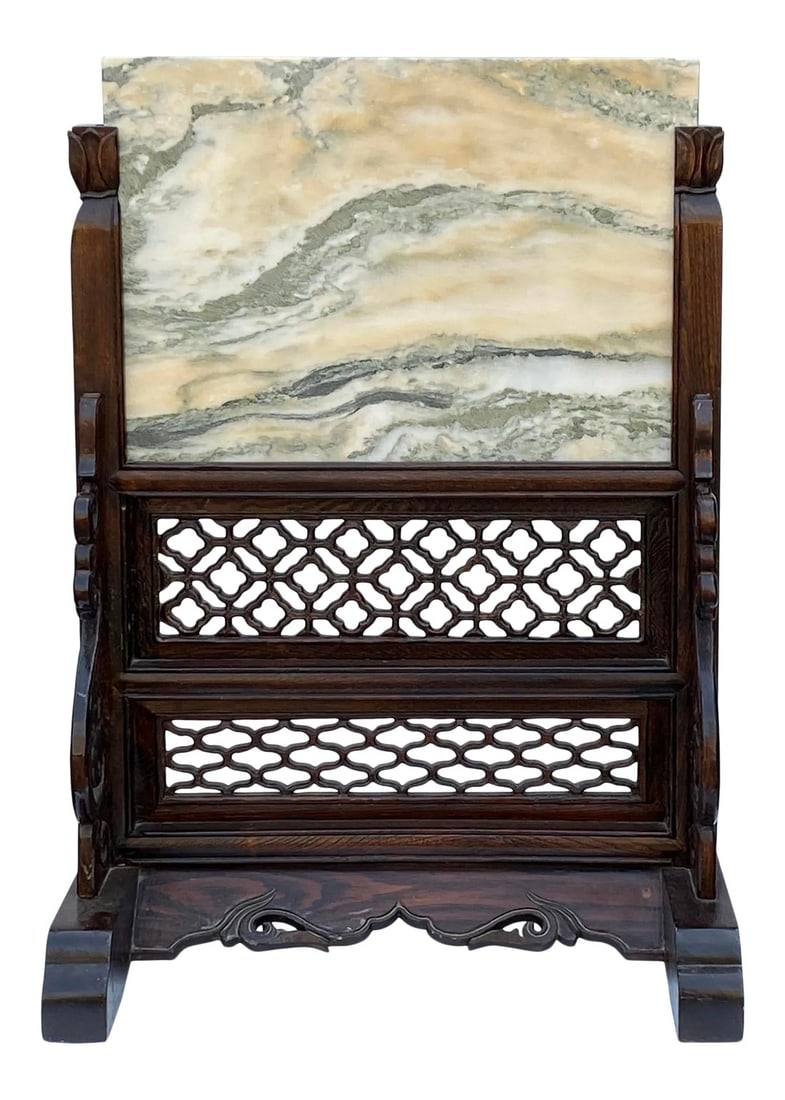 Natural Marble Stone Wall Art Stone Plaque Tile on Display Stand: This is a natural marble stone plaque with the abstract pattern displayed on a wooden carved display stand. Dimensions: 20.5"x d14.75"X h29.5" , stone 18.25" x 13" thickness 0.5" Origin: 