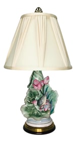 Late 20th Century Pink & Turquoise Hand Painted Wildwood Lamp With Hummingbird and Flora Figural Bas
