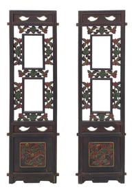 Pair Chinese Vintage Restored Wood Brown Flower Carving Wall Hanging Art