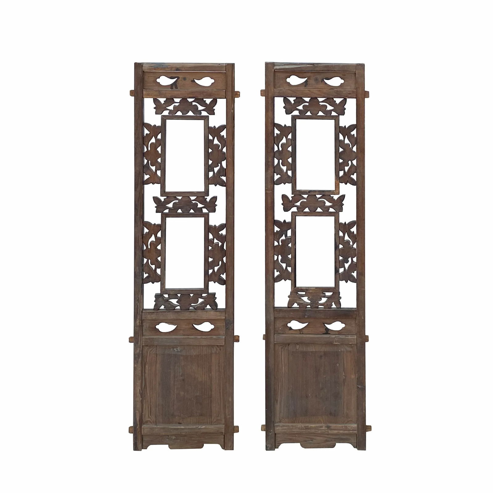 Pair Chinese Vintage Restored Wood Brown Flower Carving Wall Hanging Art - 3