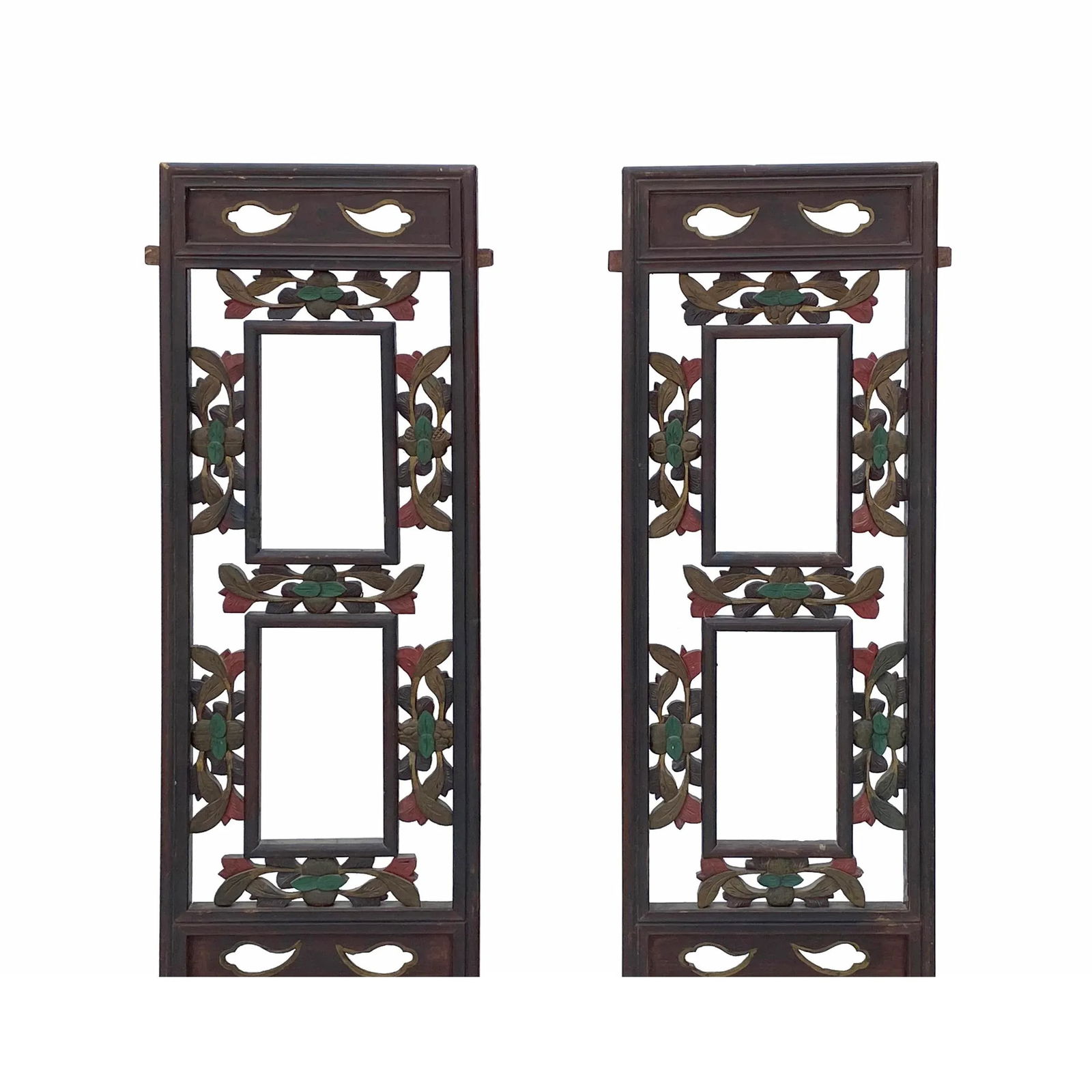 Pair Chinese Vintage Restored Wood Brown Flower Carving Wall Hanging Art - 4