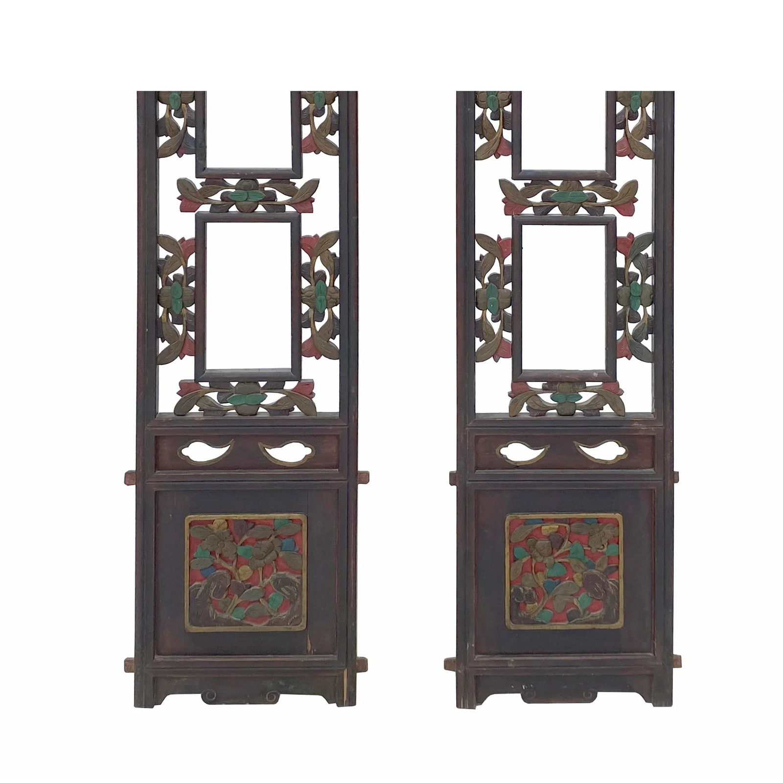 Pair Chinese Vintage Restored Wood Brown Flower Carving Wall Hanging Art - 6