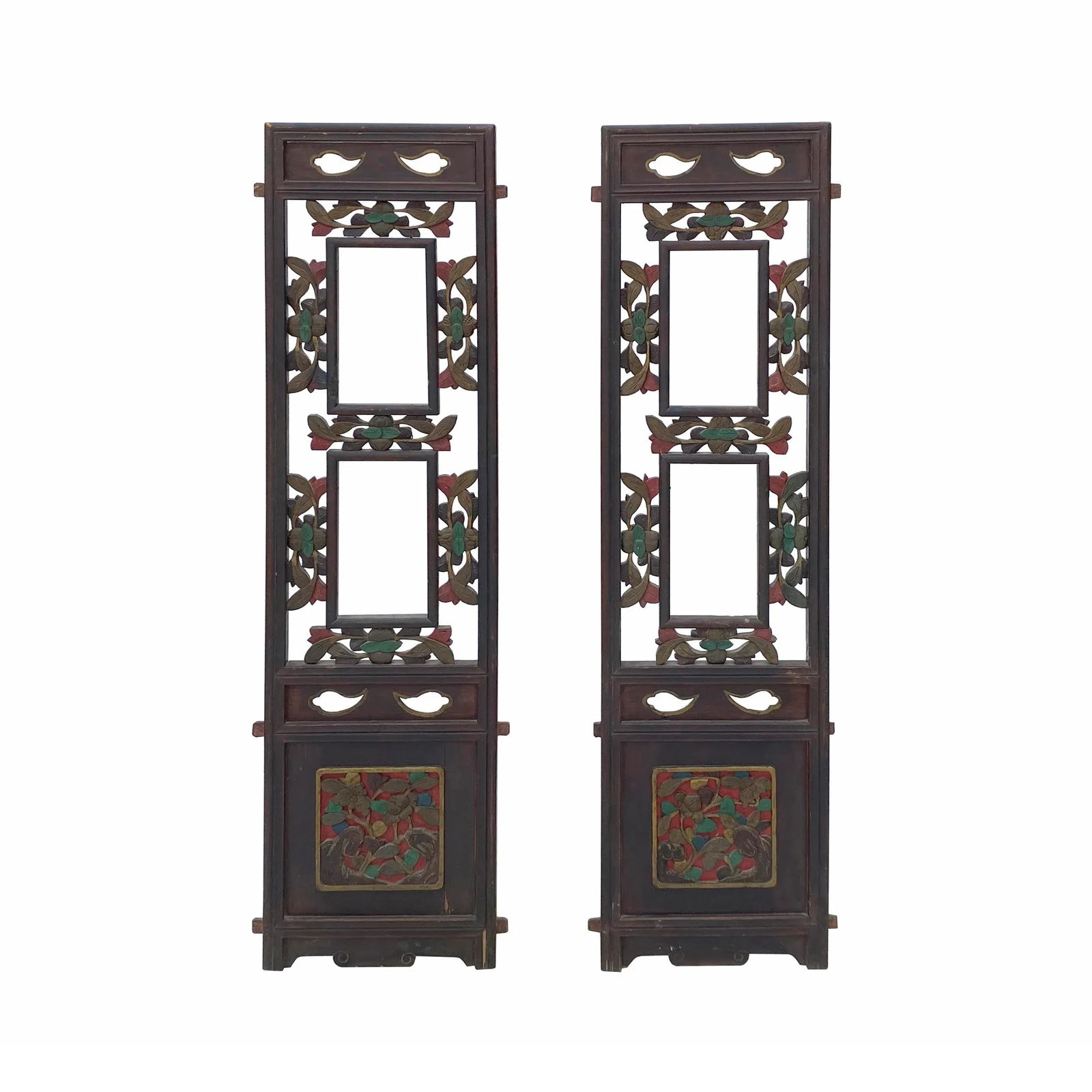 Pair Chinese Vintage Restored Wood Brown Flower Carving Wall Hanging Art - 7