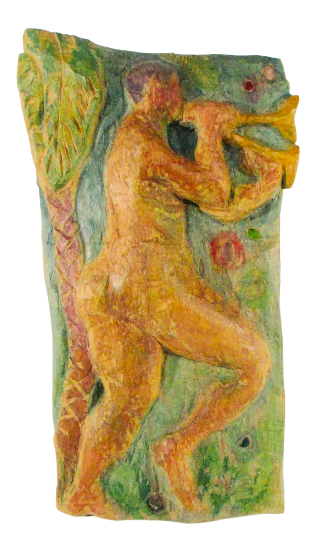 1980s Robert Huber Abstract Figurative Bas-Relief Wood Carving: Robert Huber, an American artist living and working in Venice. Rough-hewn solid wood panel with a carved figure of Pan and his Pipes. Polychromed with inset-colored glass or stone pebbles. Waxed and b
