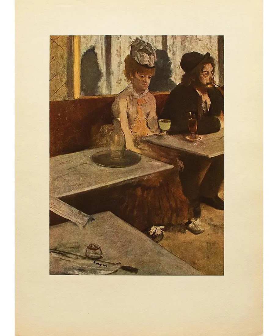 1940s After Edgar Degas "L'Absinthe" Vintage Full Color Print From Geneva: An excellent full color print of oil painting "L'Absinthe" by Edgar Degas. Comes from a rare First Limited edition folio of the artist published by Albert Skira in Geneva, Switzerland, in the