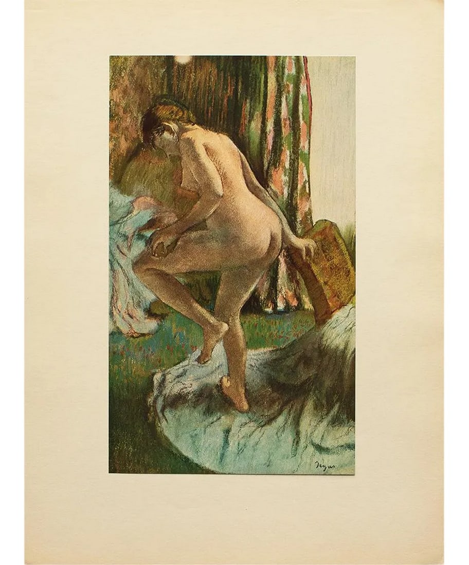 1940s After Edgar Degas "After the Bath" Vintage Full-Color Print From Geneva: An excellent full-color print of oil painting "After the Bath" by Edgar Degas. Comes from a rare First Limited edition folio of the artist published by Albert Skira in Geneva, Switzerland, in the