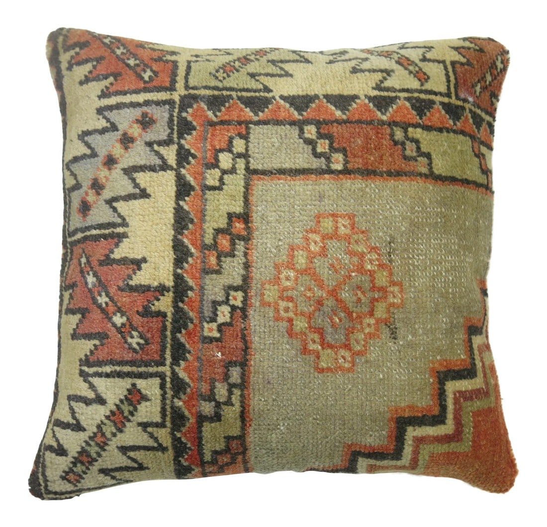 Turkish Rug Pillow: One-of-a-kind Pillow made from a vintage turkish rug with cotton back. Zipper closure and foam insert provided. 17'' x 17''' Condition: Alterations: Original Design Modified Imperfections: Some Imperf