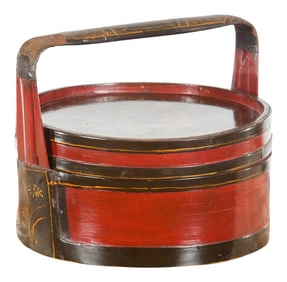 Chinese Vintage Black and Red Round Picnic Basket with Gilt Chinoiserie Décor