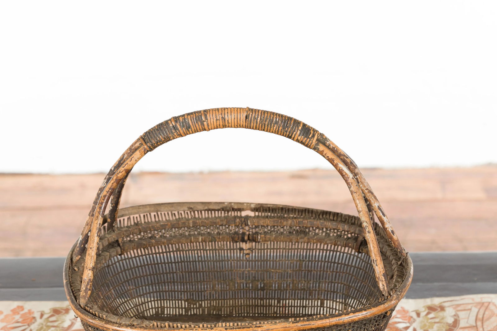 Chinese Rustic Vintage Woven Rattan Market Basket with Large Handle and Base - 5