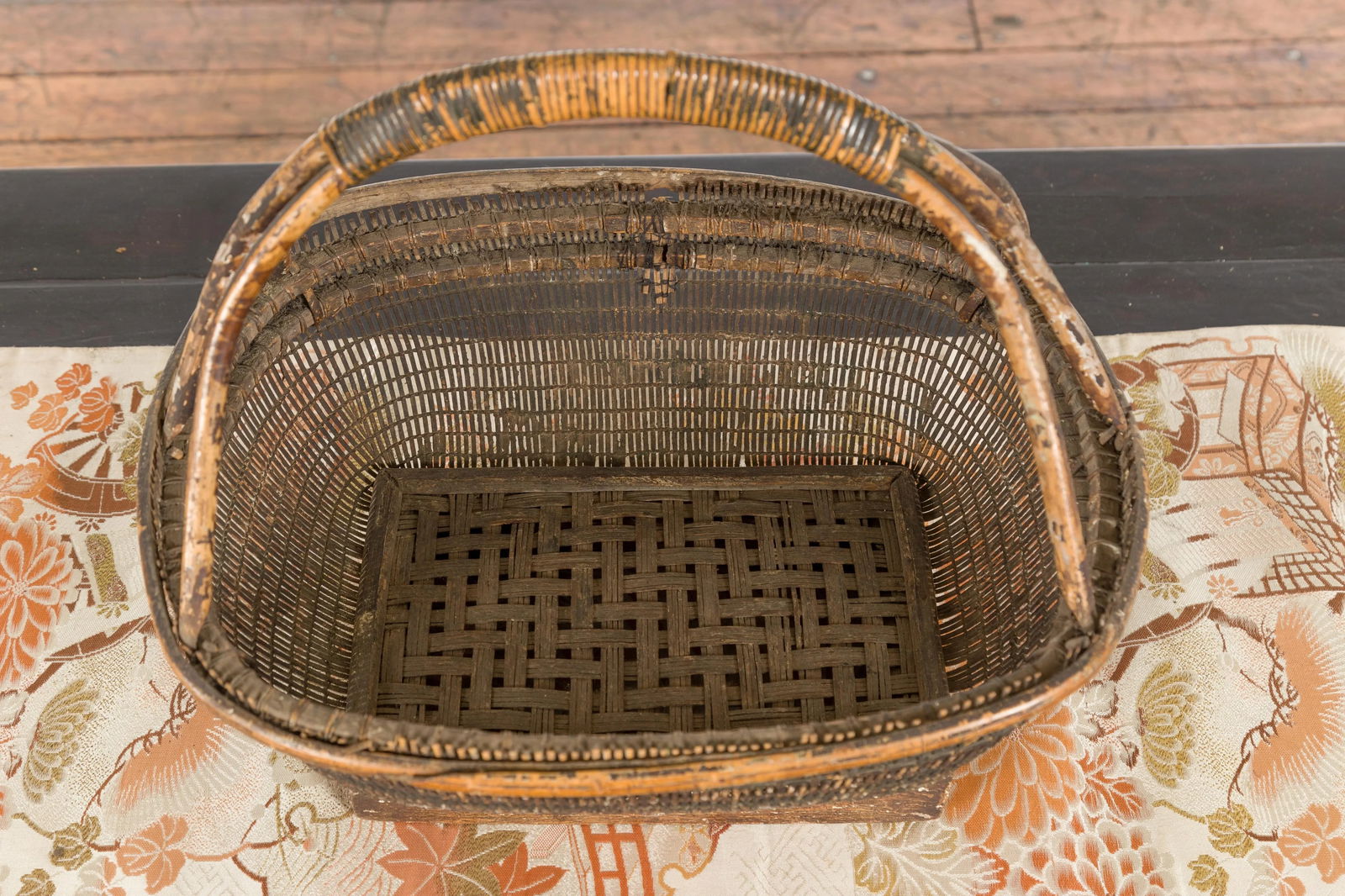 Chinese Rustic Vintage Woven Rattan Market Basket with Large Handle and Base - 6