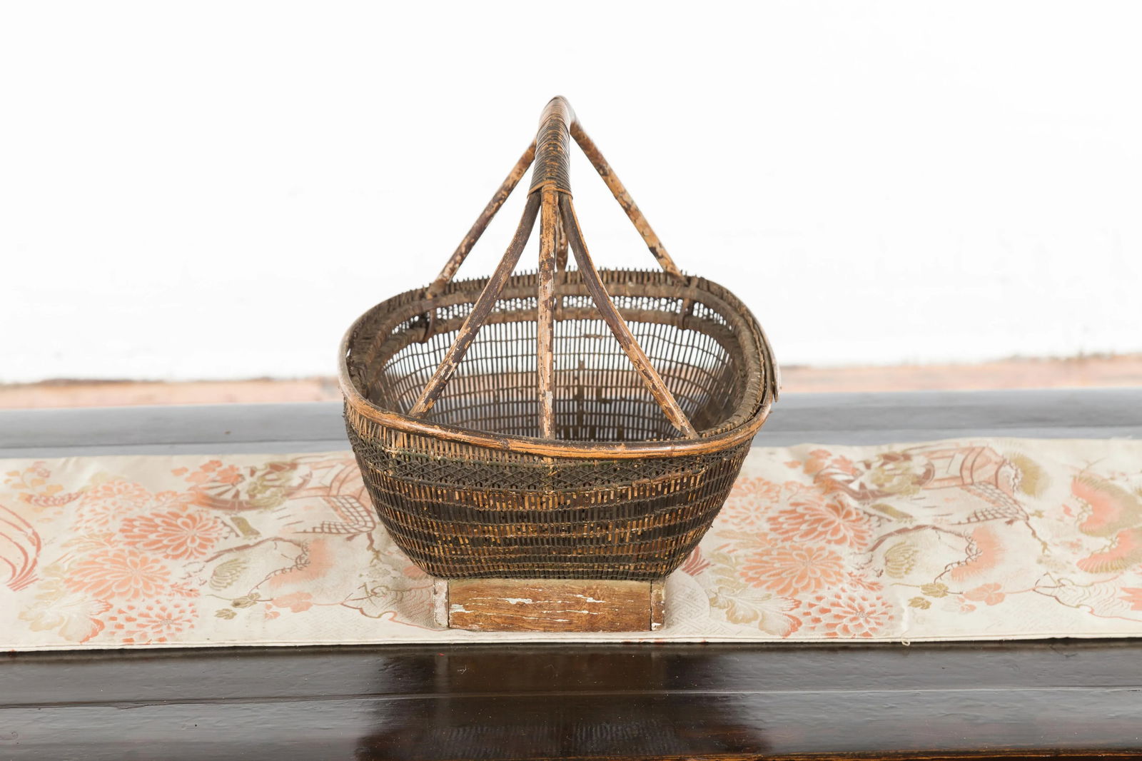 Chinese Rustic Vintage Woven Rattan Market Basket with Large Handle and Base - 8
