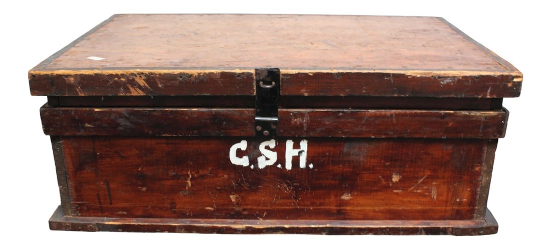 Early 20th Century American Hand Carved "Csh" Collector's Chest: Hand carved decorative trunk / collector's chest, circa early 20th century. Features a hinged-top that opens to reveal a removable insert. All hardware (including the handles) is original. Retains the