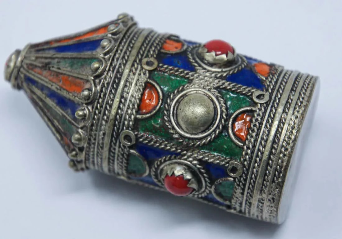 1920s Kabylie Algeria Silver Enameled Powder Kohl Container Box - 6