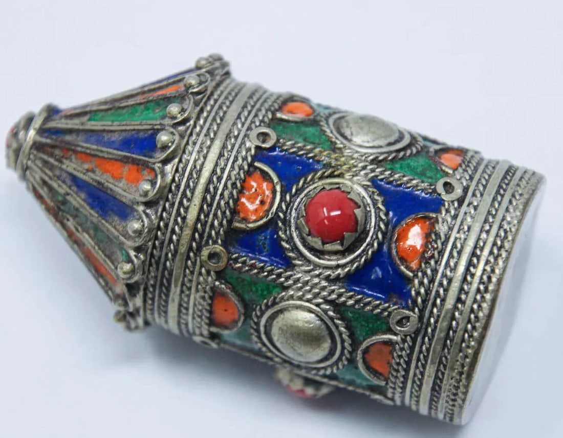 1920s Kabylie Algeria Silver Enameled Powder Kohl Container Box - 7