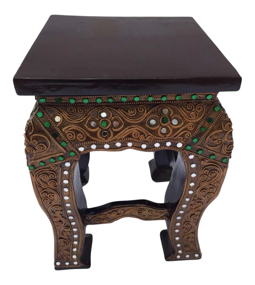 1960 Asian Wooden Temple Gilded Low Table: South East Asian brown lacquered wood gilded temple square low table stand. Burmese, Myanmar stand with curved legs decorated with green and clear glass mirrors overlaid. Uses in temples as stand for