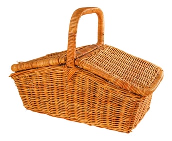 1980s French Provincial Rattan Lidded Handled Basket