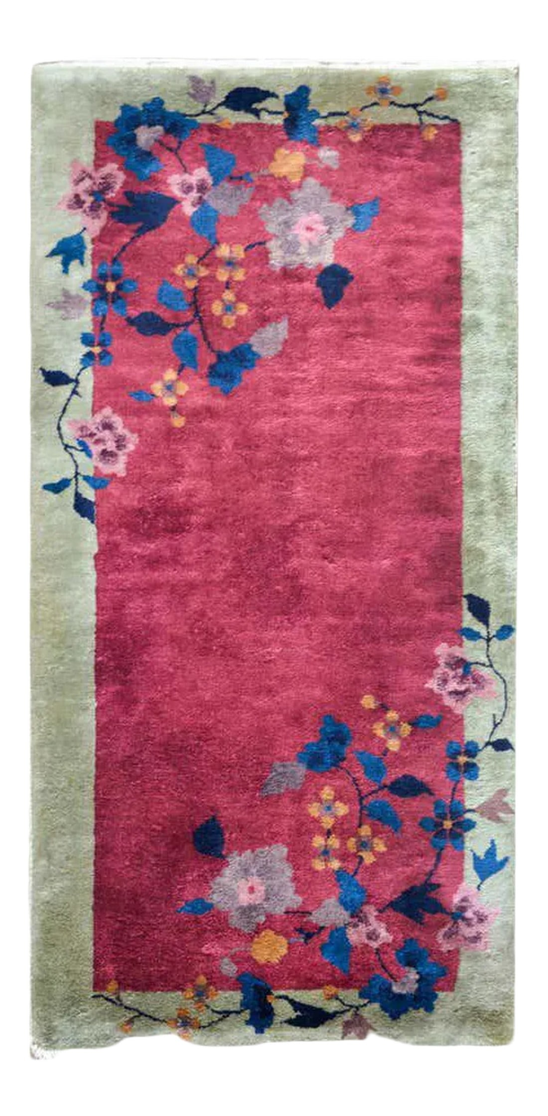 Early 20th Century Chinese Art Deco Rug: A beautiful early 20th century Chinese Art Deco rug with a cranberry field surrounded by a pale mint green border, and with each corner including indigo, gray, and pink peonies. Condition: