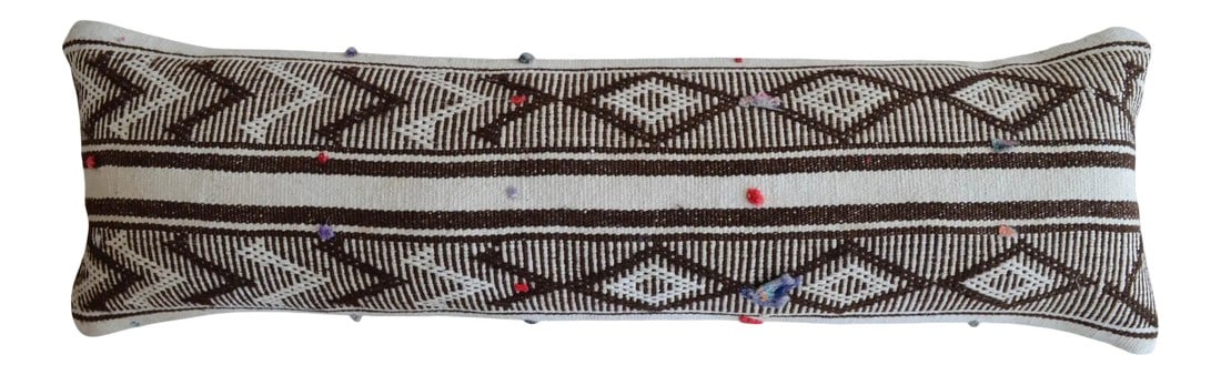 1970s Turkish Kilim Lumbar Pillow Cover: Material: wool on cotton. Made from vintage flat weave Turkish kilim rug. Back side fabric cotton Condition: new from old kilim rugs Note: Insert in not included. For demonstration only Condition: