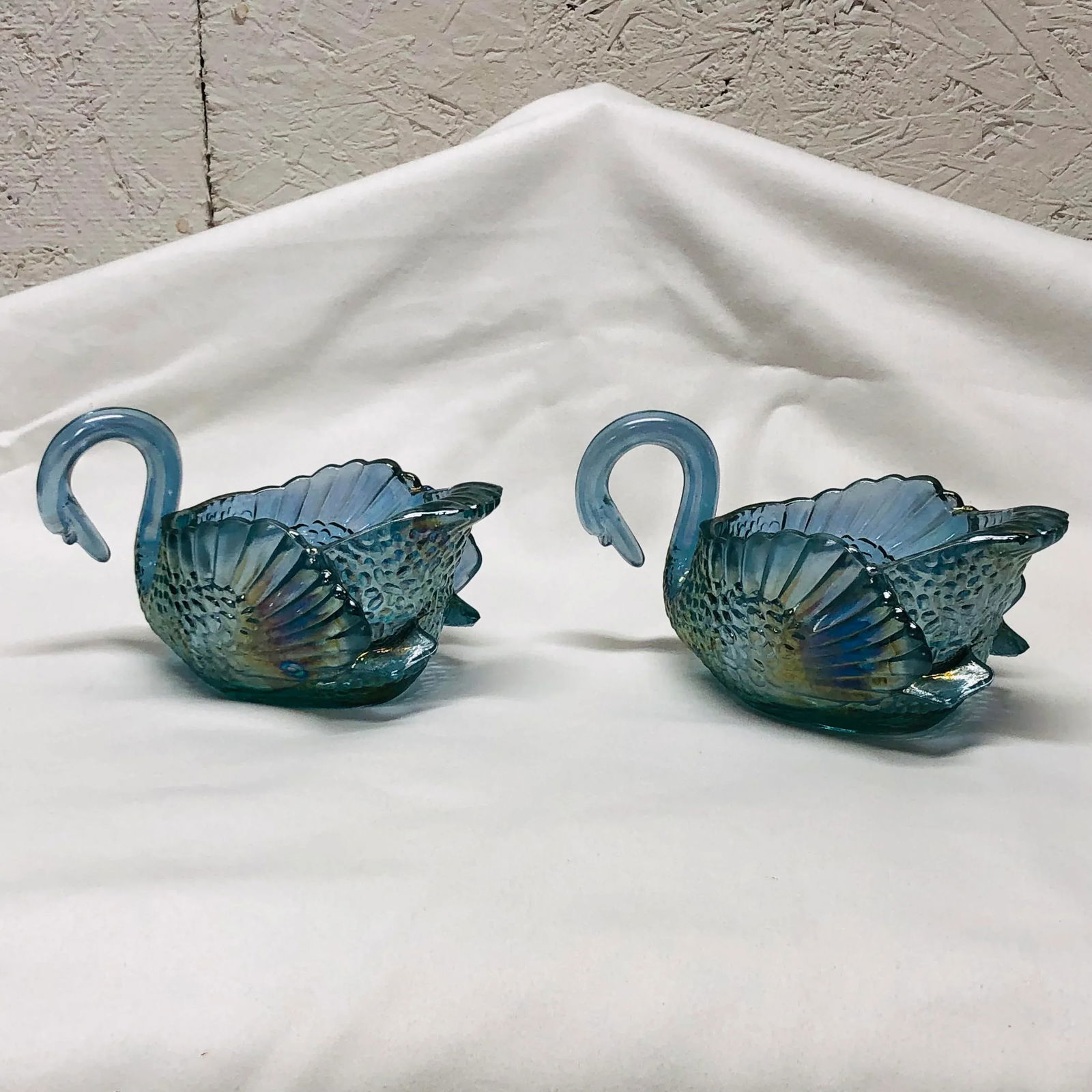Boyd's Art Glass Blue Iridescent Swan Candle Holders - a Pair - 4