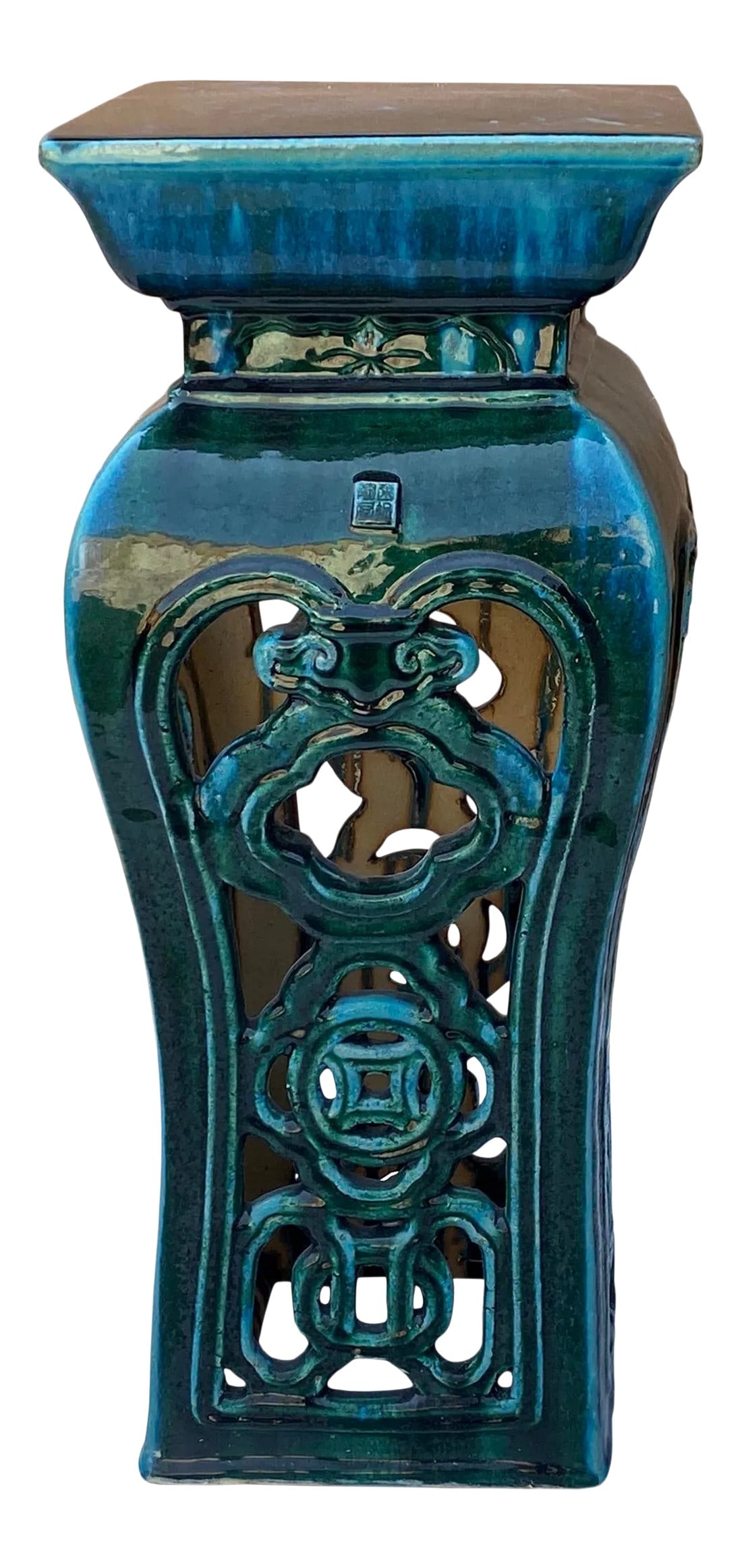 Ceramic Clay Green Square Tall Pedestal Table Flower Display Stand: This stand / table is made of clay and glazed with a grass green #023229 color. It is a decorative piece for indoor or outdoor as a stand or an accent piece. It is a handmade item, there is a