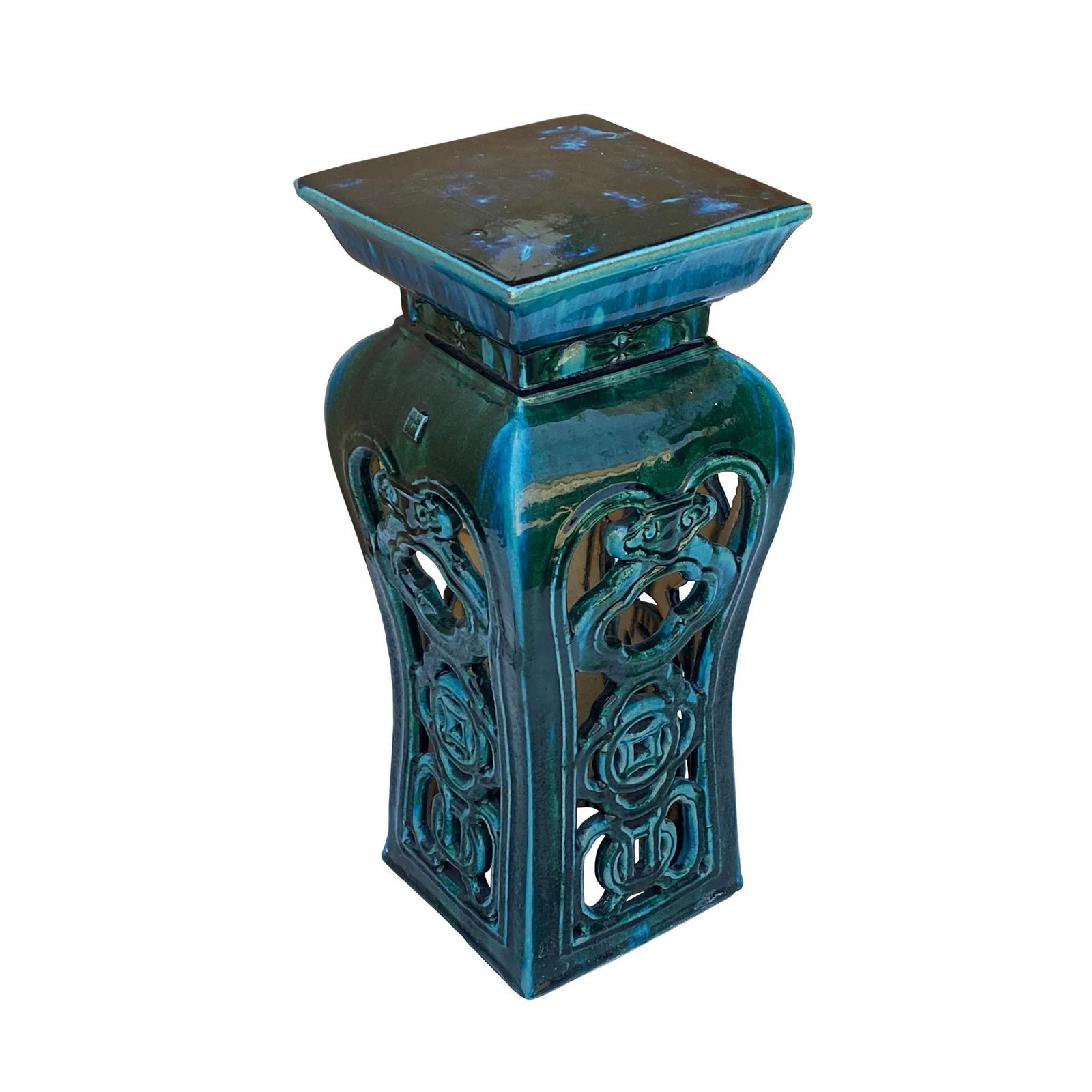 Ceramic Clay Green Square Tall Pedestal Table Flower Display Stand - 2