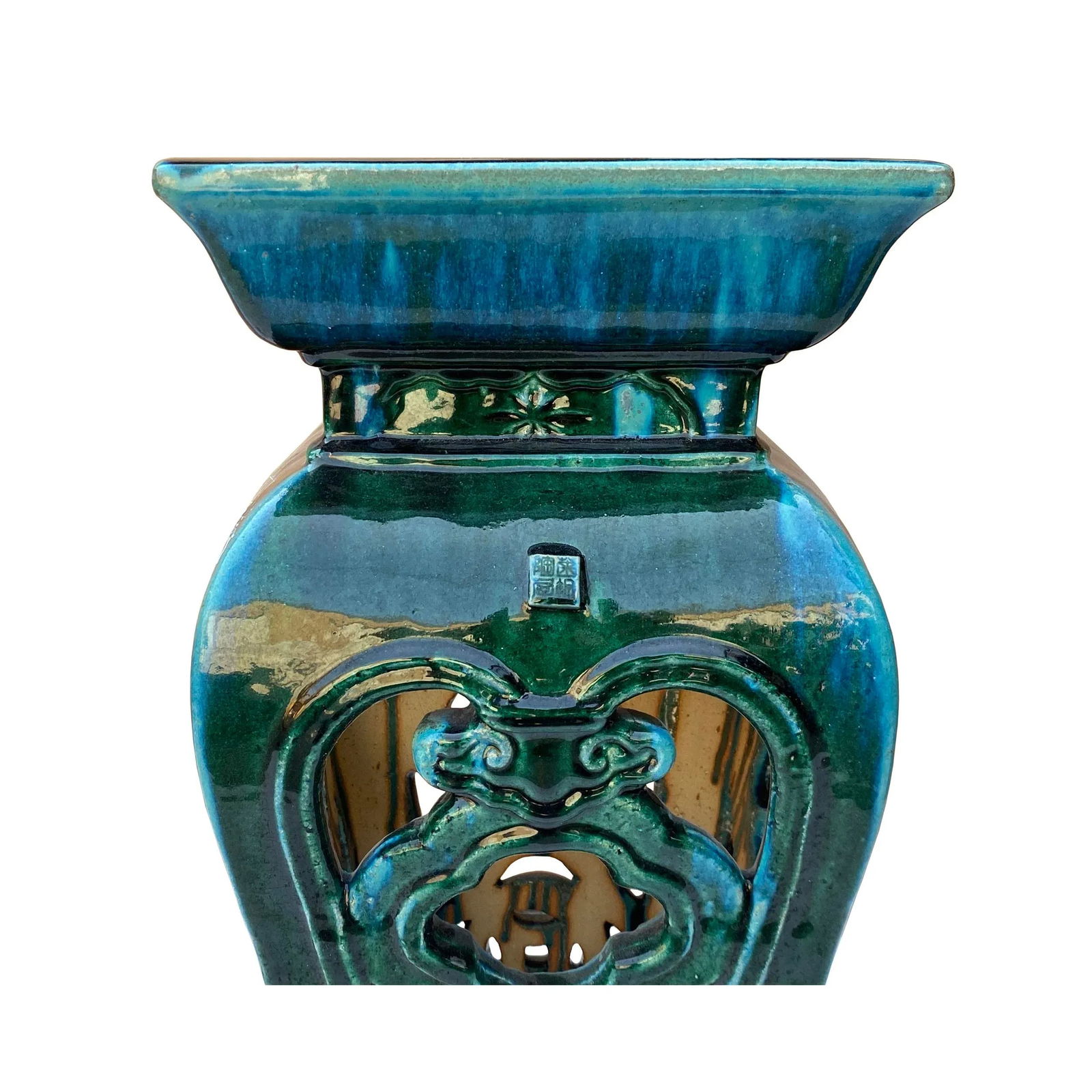 Ceramic Clay Green Square Tall Pedestal Table Flower Display Stand - 3