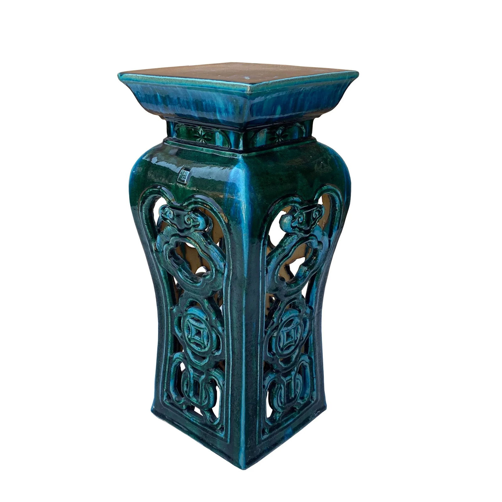Ceramic Clay Green Square Tall Pedestal Table Flower Display Stand - 6