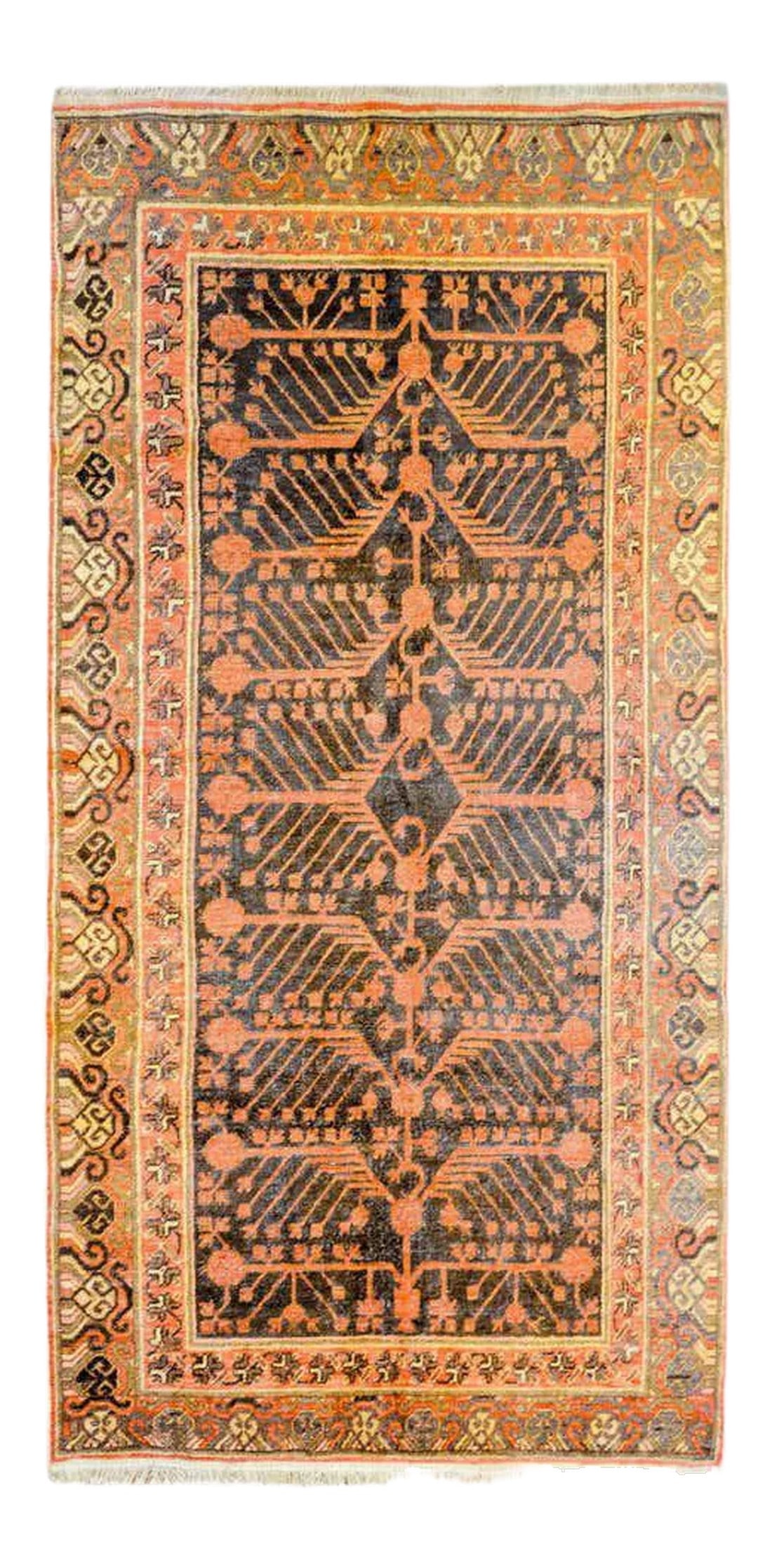 Mid 20th Century Khotan Rug: An incredible Central Asian Khotan rug with a unique all-over mirrored crimson tree-of-life and pomegranate pattern on a variegated brown background. The border is complex with two distinct patterns,