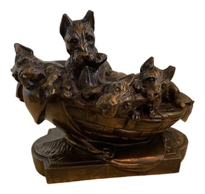 1960s Bronze Tone Metal Yorkies in a Basket