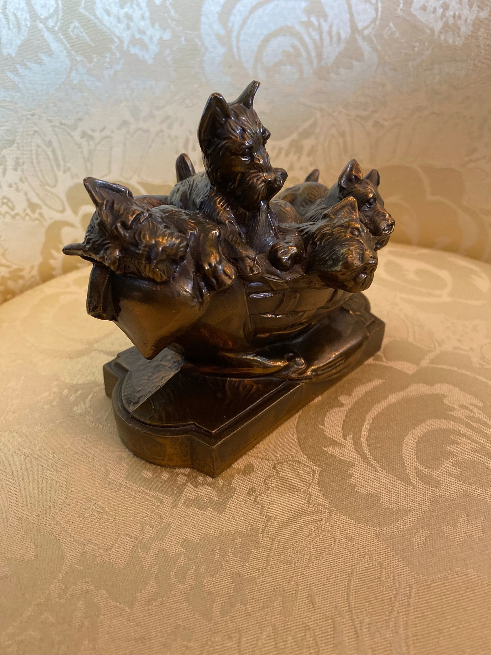 1960s Bronze Tone Metal Yorkies in a Basket - 2