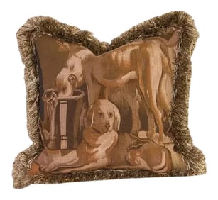 Vintage Tapestry Pillow With Dogs at Rest (Left-Facing)
