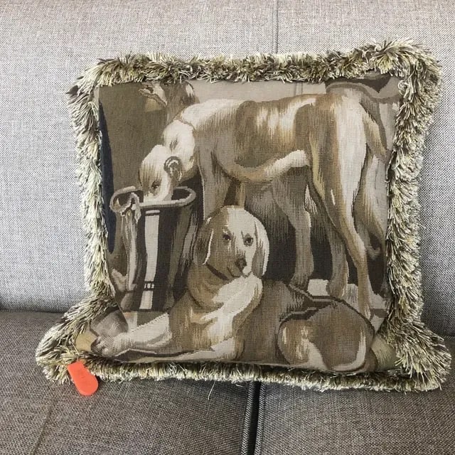 Vintage Tapestry Pillow With Dogs at Rest (Left-Facing) - 7
