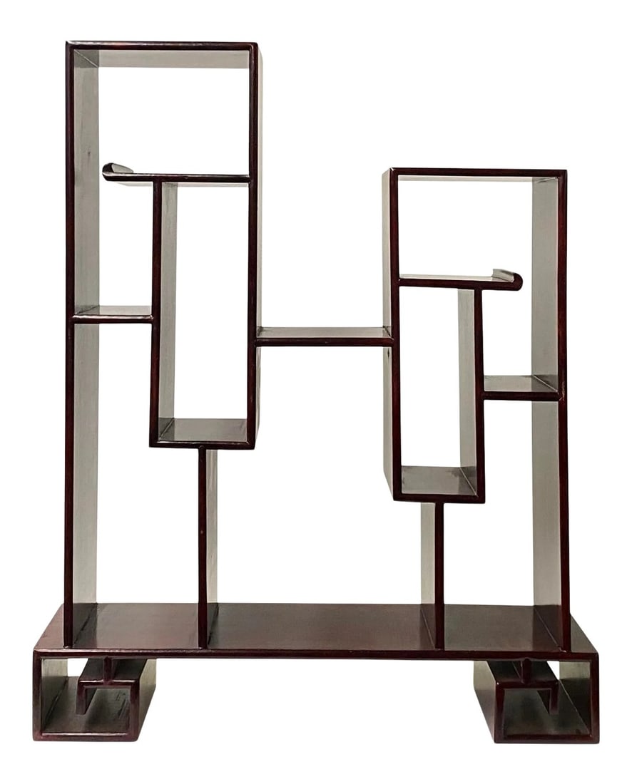 Chinese Brown Mahogany Rectangular Small Curio Display Stand: This is an oriental rectangular small tabletop curio display stand/easel with a brown mahogany stain. Dimensions: w15.75" x d5"x h19.5" ( section width 2",2.5", 3" , 3.5" , 6" / height 2.5", 3.5",