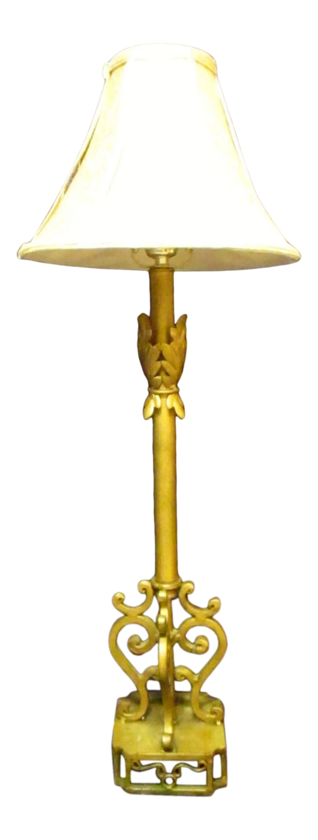 Vintage Modern Gold Filigree Scrollwork Leaf Pattern Table Lamp: Vintage Modern 30.5" Tall Gold Filigree Scrollwork and Leaf Pattern Table Lamp Measures 31.50" tall to top of finial. The body of the lamp is 22.00" tall with a 5.00" square base. Theme: scroll,