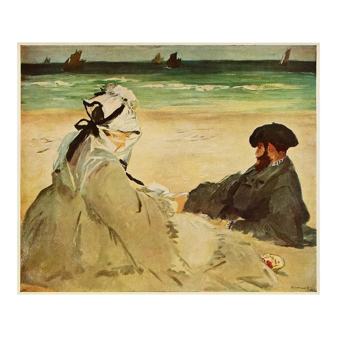 Circa 1950s After Manet "On the Beach" Vintage Full Color Impressionist Print: An excellent First Edition Impressionist, American Classical, French, Traditional or Eclectic Style, vintage full-color print of oil painting "One the Beach" by Edouard Manet. Comes from a rare First