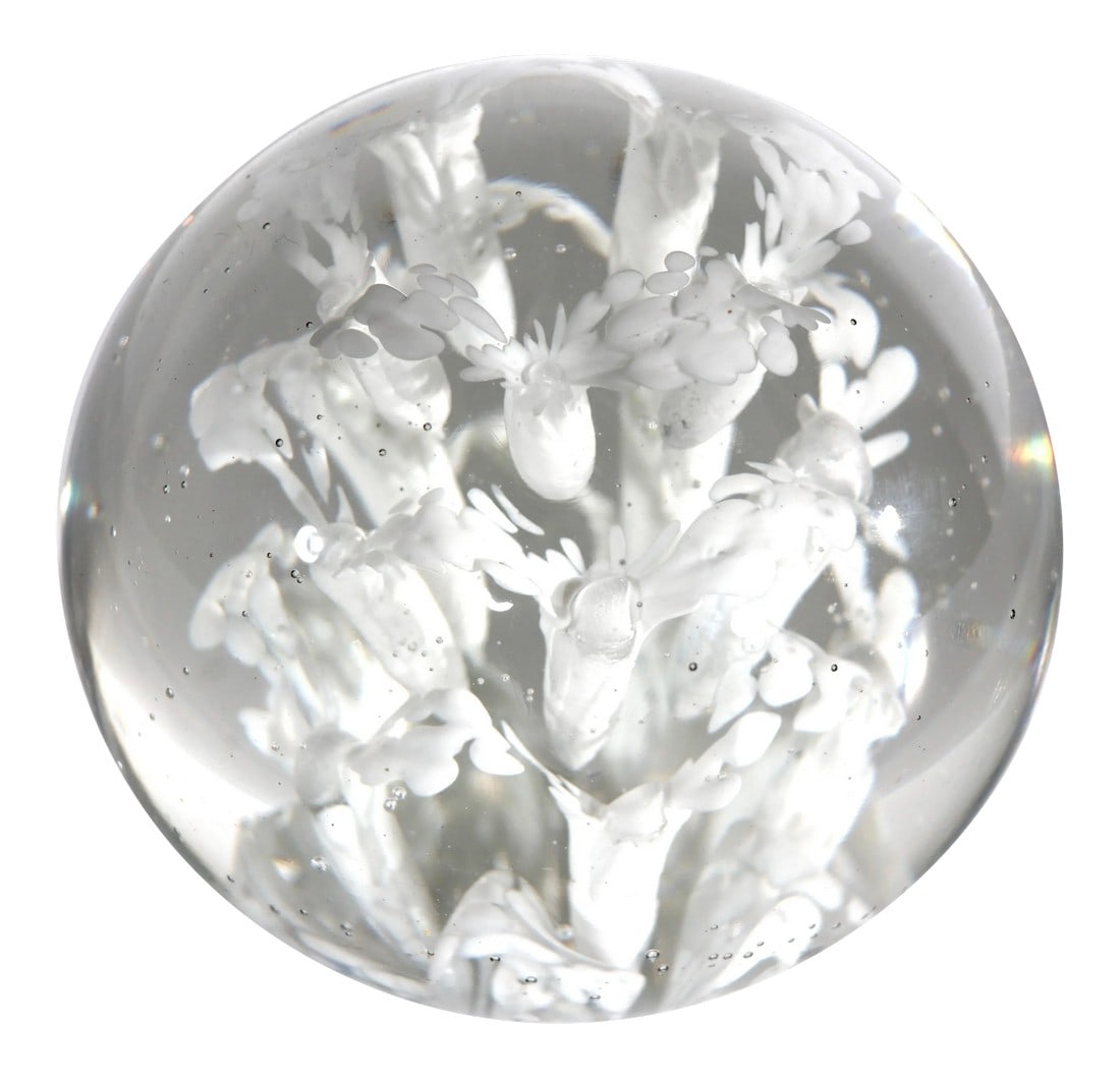 Large Art Glass Paper Weight: Stunning art glass paperweight of unusually large scale. This example features internal white flowers in bloom, enclosed in crystal clear glass. Well executed and in extra fine, undamaged, clean and r