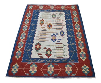 1980s Hand Woven Oushak Kilim Flat Weave Wool Area Rug