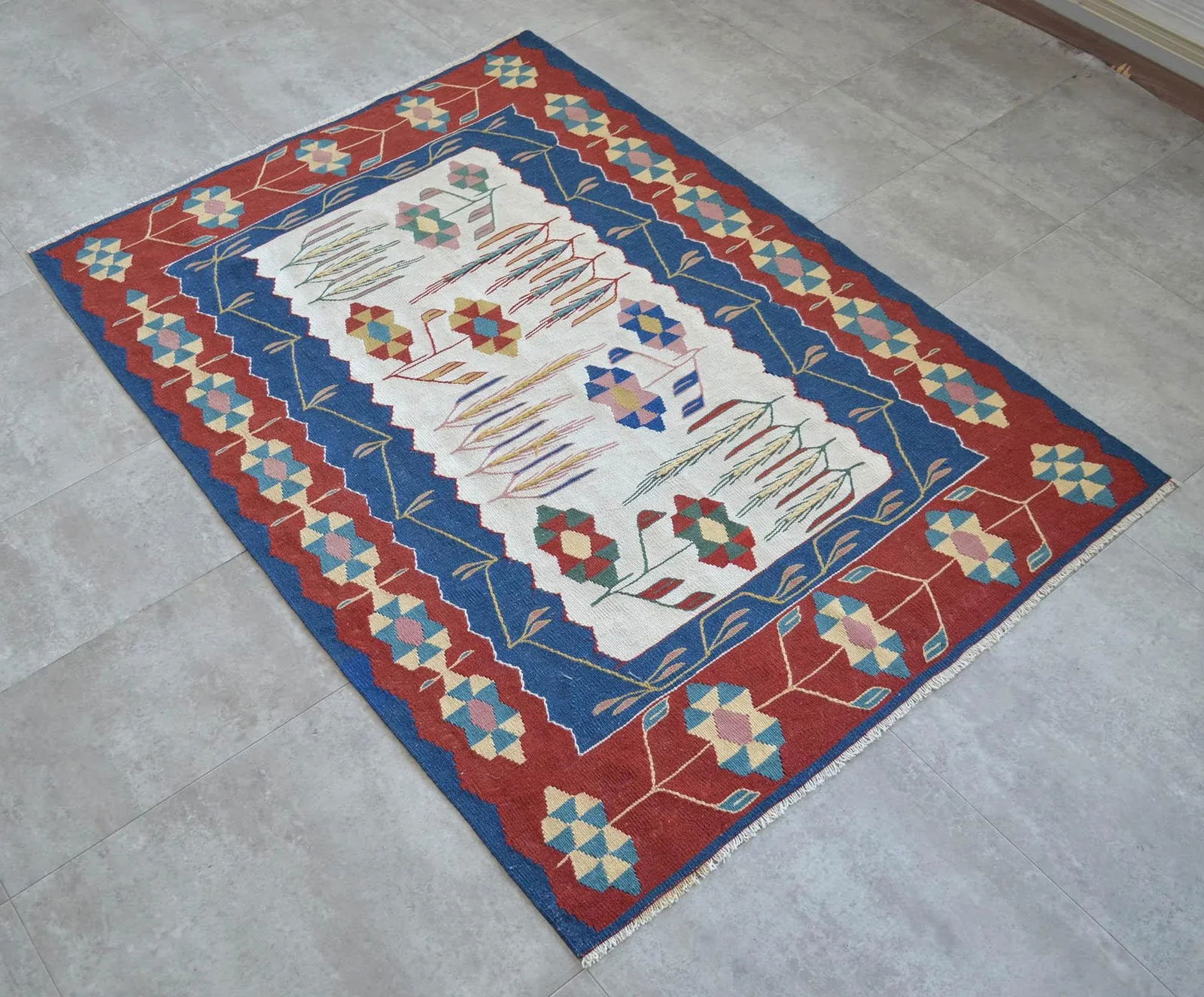 1980s Hand Woven Oushak Kilim Flat Weave Wool Area Rug - 4