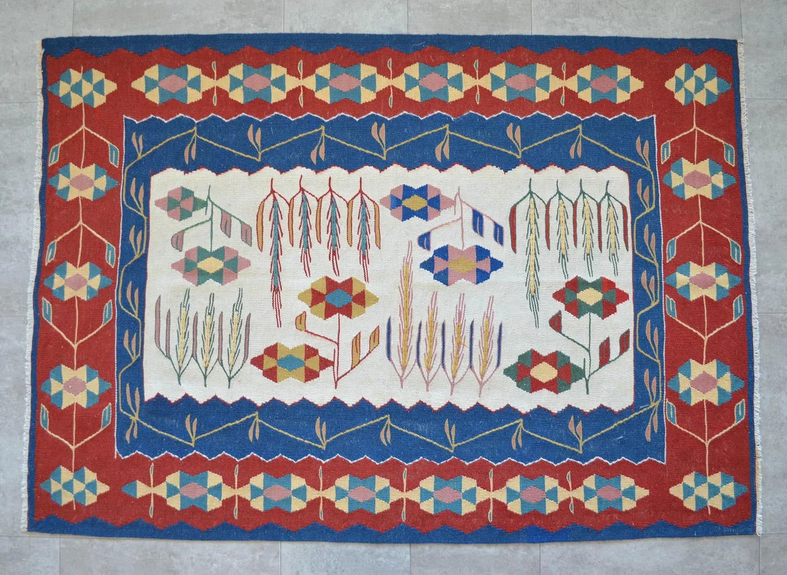 1980s Hand Woven Oushak Kilim Flat Weave Wool Area Rug - 6