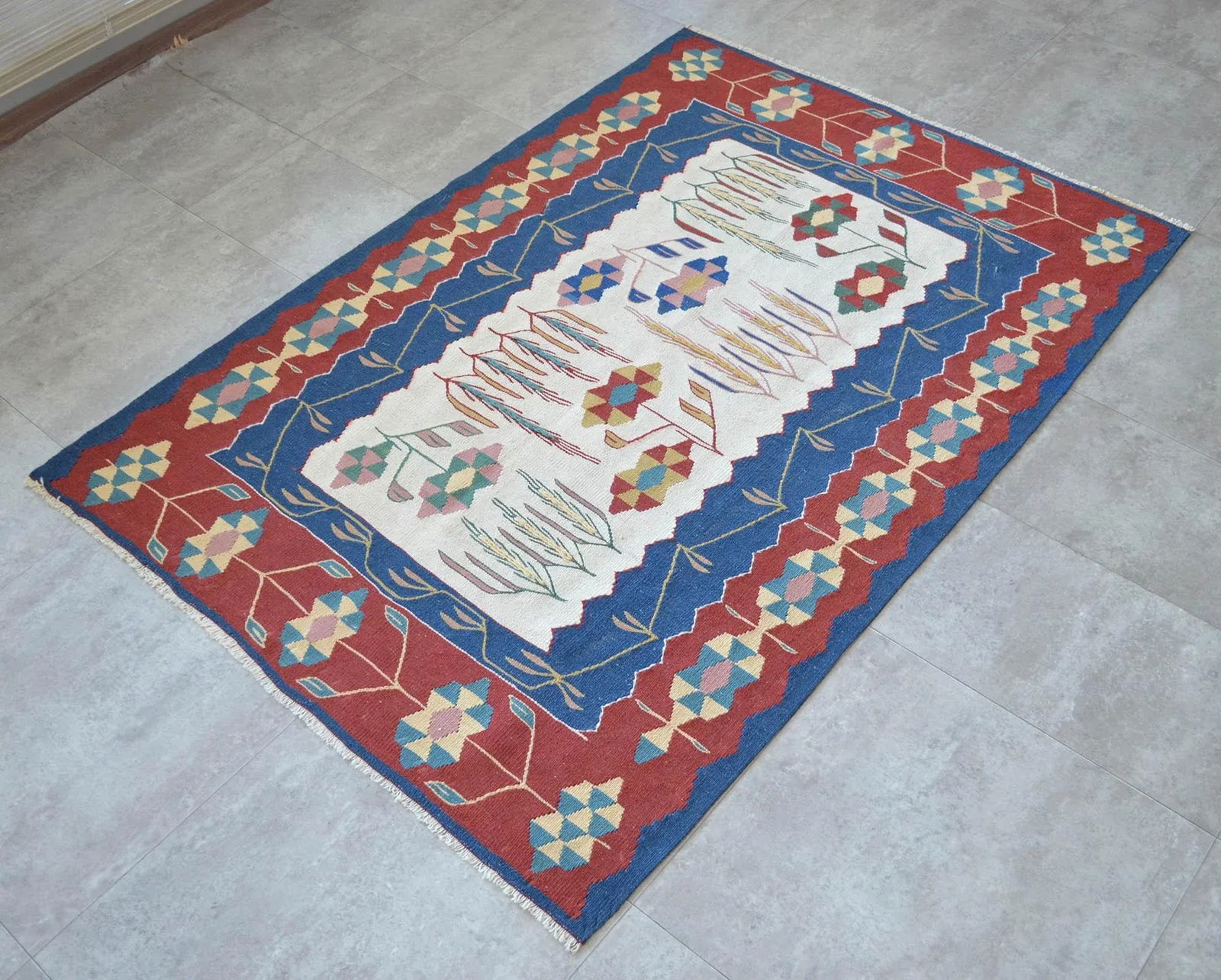 1980s Hand Woven Oushak Kilim Flat Weave Wool Area Rug - 7